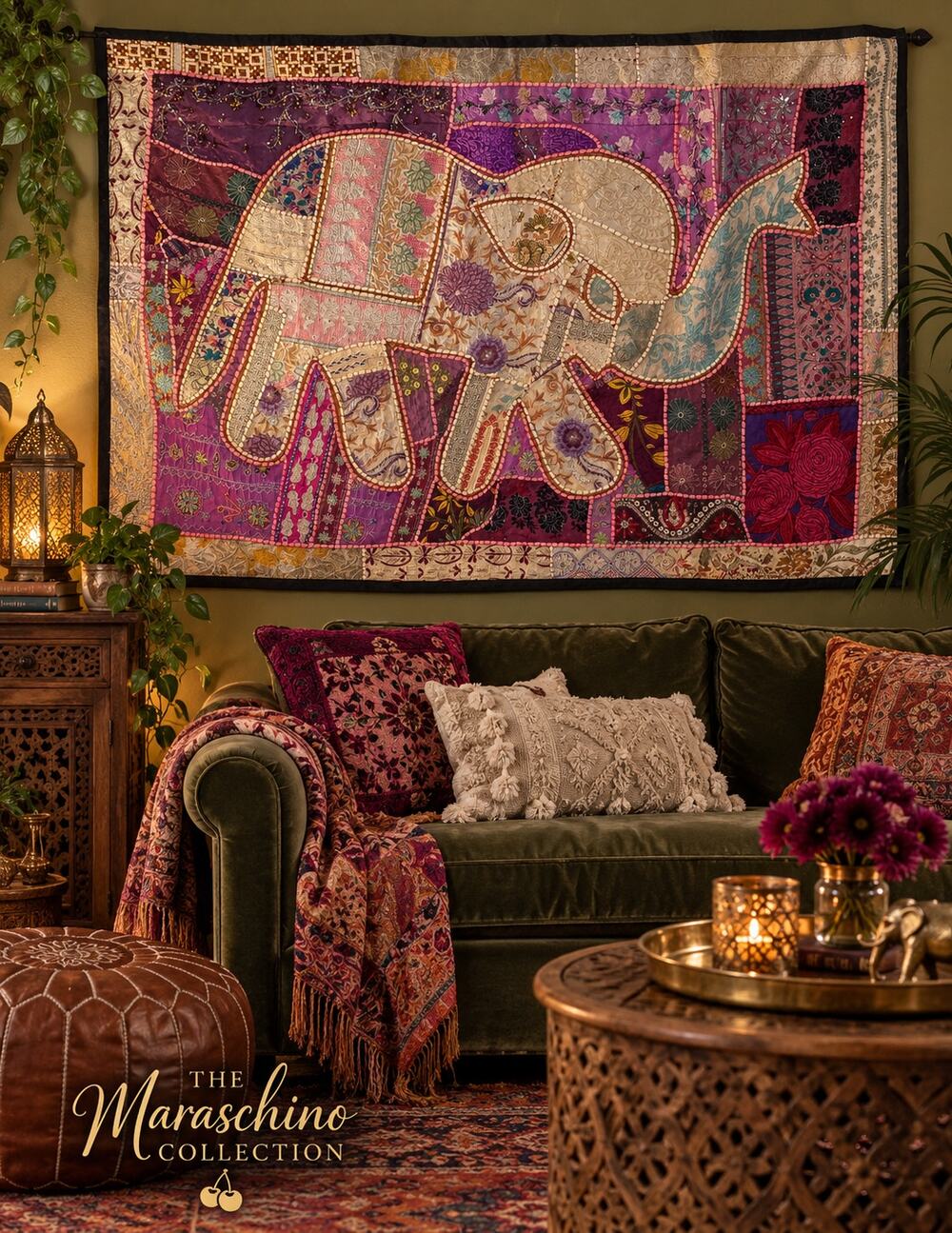 Upcycled Vintage Sari Elephant Wall Tapestry 60x40 Embroidered Patchwork India